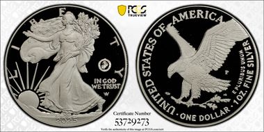 2025-P $1 Silver Eagle w/ US Marine Corps Privy 250th Anniversary PR69DCAM