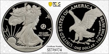 2025-P $1 Silver Eagle w/ US Marine Corps Privy 250th Anniversary PR69DCAM