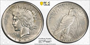 1921 $1 High Relief, Peace N1