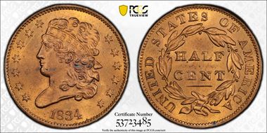 1834 1/2C MS64+ RD