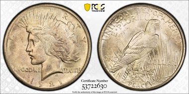 1921 $1 High Relief, Peace MS65