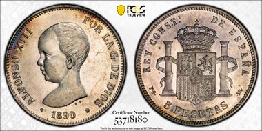 1890-PG M 5 Pta (1890) MS61