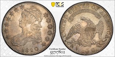 1820 50C Curl Base 2, Small Date AU50