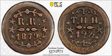 1879 12 1/2C Hawaii - T.Hobron 2/6 Stars, Thick Planchet AU53BN