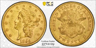1854 $20 Small Date AU53