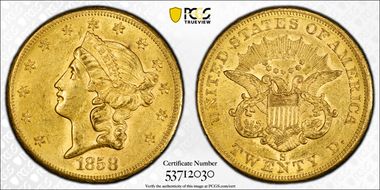 1858-S $20 AU58