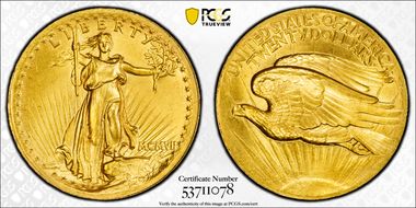 1907 $20 High Relief, Wire Edge MS65+ 
