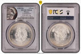 1948-Mo 5 Peso Cuauhtemoc KM-465 Ag MS64