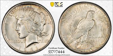 1921 $1 High Relief, Peace MS63