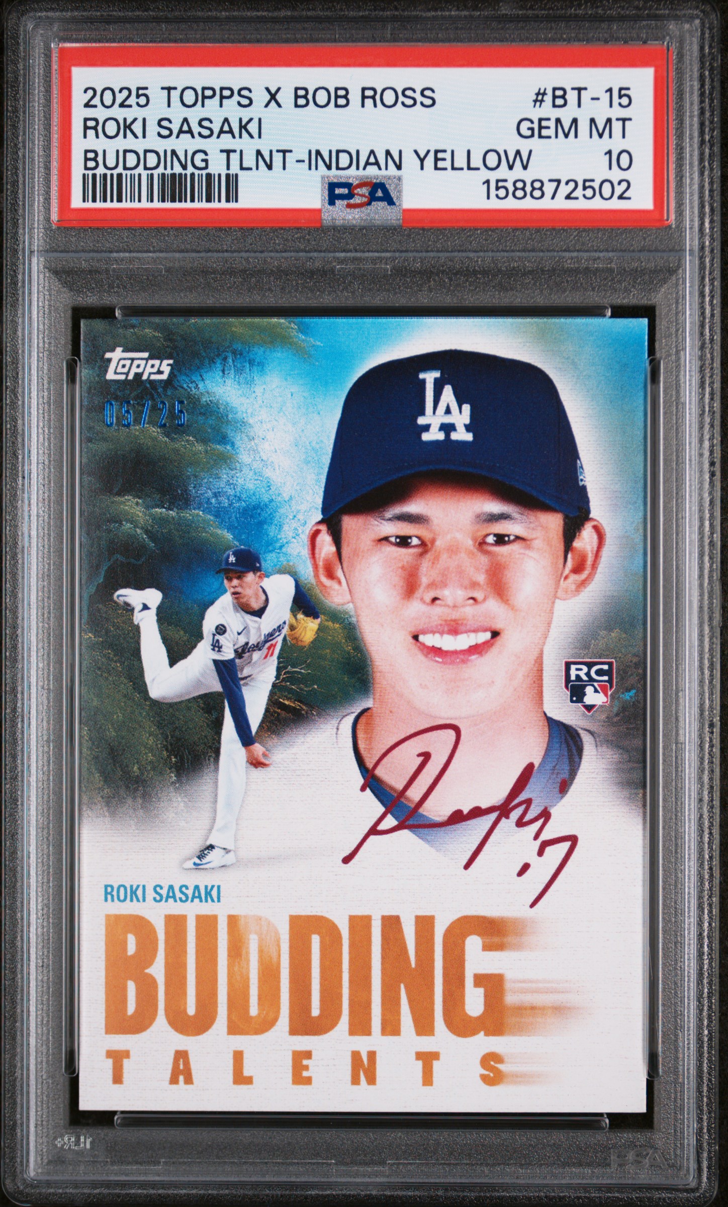 2025 Topps X Bob Ross the Joy of Baseball Budding Talents Roki Sasaki Indian Yellow #BT-15 PSA 10