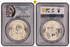 1953-Mo 5 Peso Bicentennial of Hidalgo KM-468 Ag MS66