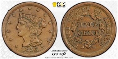 1853 1/2C AU50BN