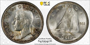 1951 10C Doubled Die Rev MS65