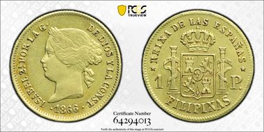 1866 Peso KM-142  Au AU58