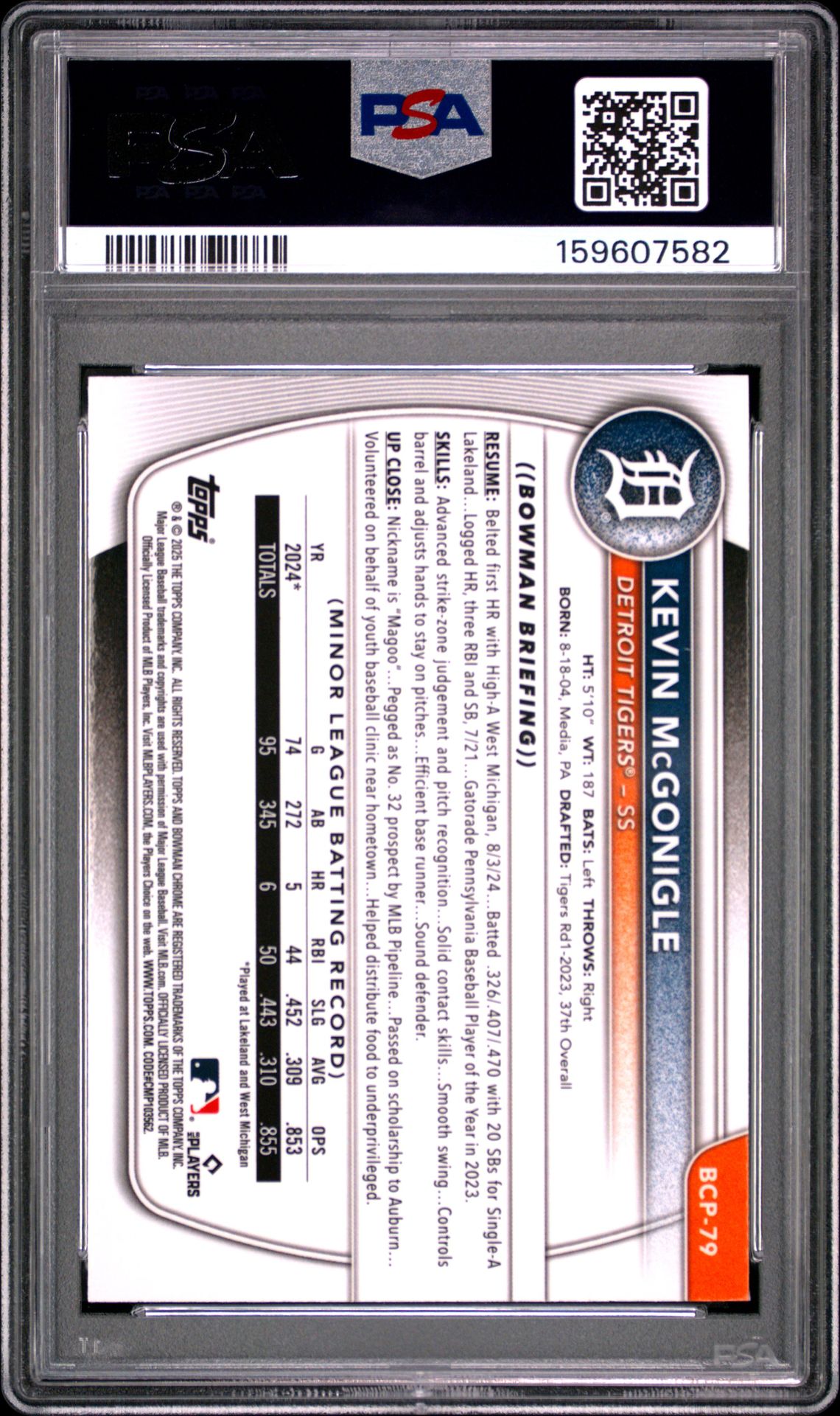2025 Bowman Mega Box Chrome Prospects Kevin Mcgonigle #79 Gem Mt 10 back view - PSA certificate #159607582