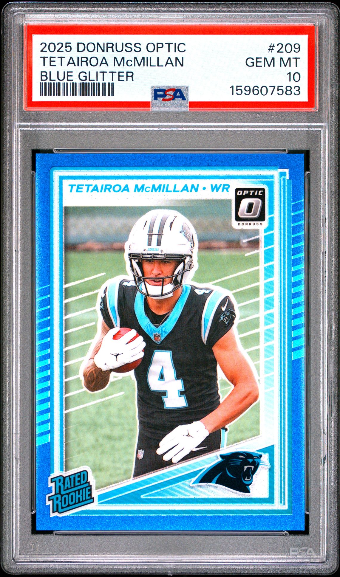 2025 Panini Donruss Optic Tetairoa Mcmillan #209 (Blue Glitter) Gem Mt 10 front view - PSA graded GEM MT 10