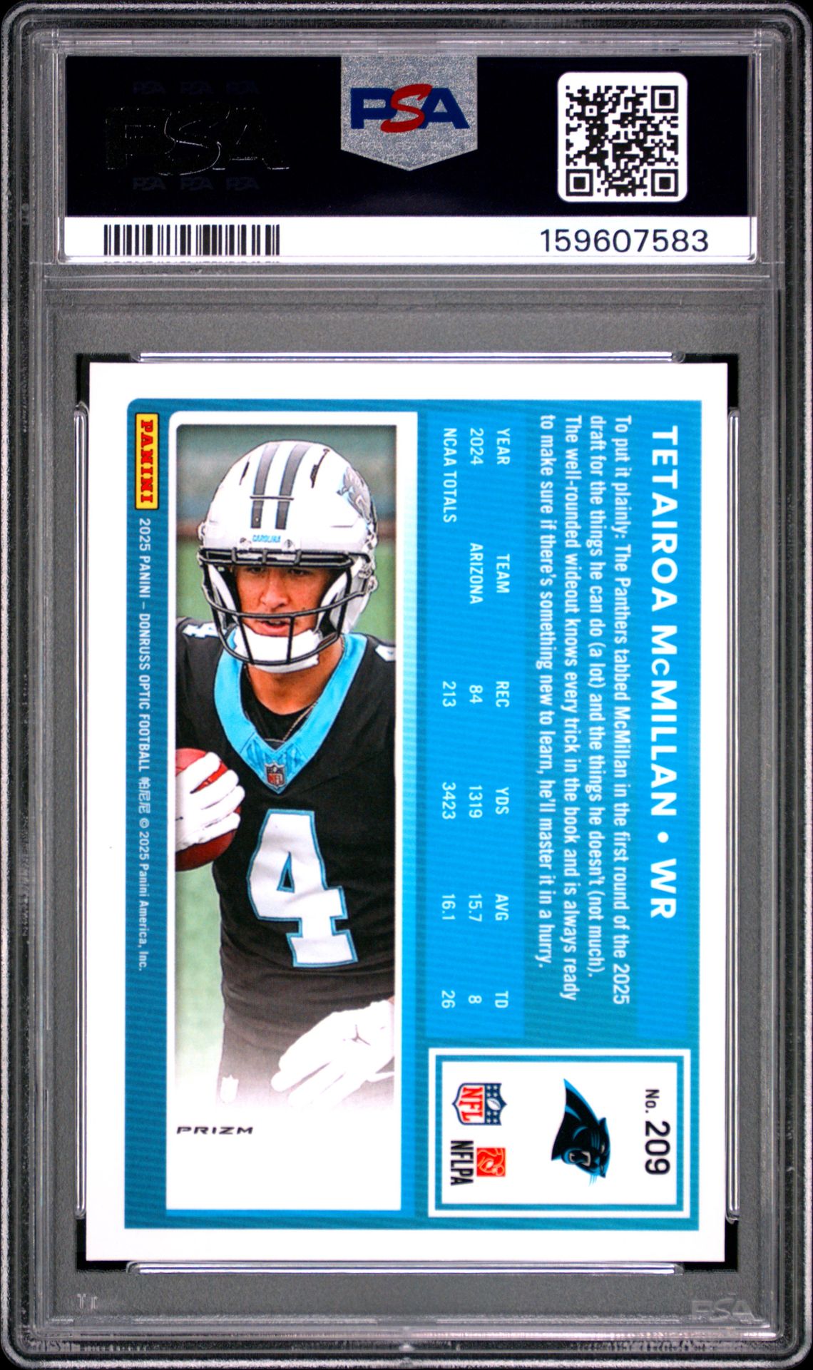 2025 Panini Donruss Optic Tetairoa Mcmillan #209 (Blue Glitter) Gem Mt 10 back view - PSA certificate #159607583