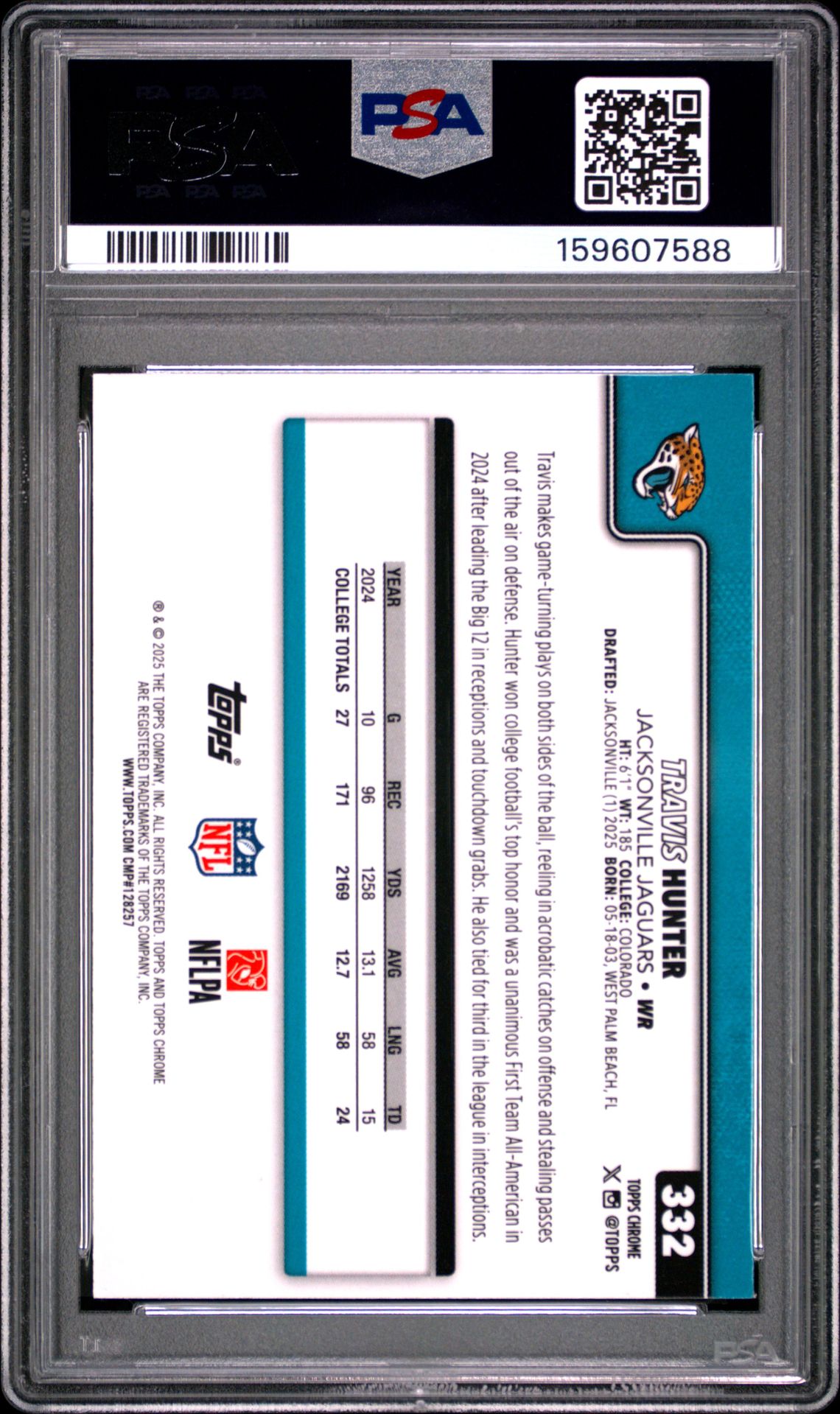 2025 Topps Chrome Travis Hunter #332 (Yellow Wave) Nm-Mt 8 back