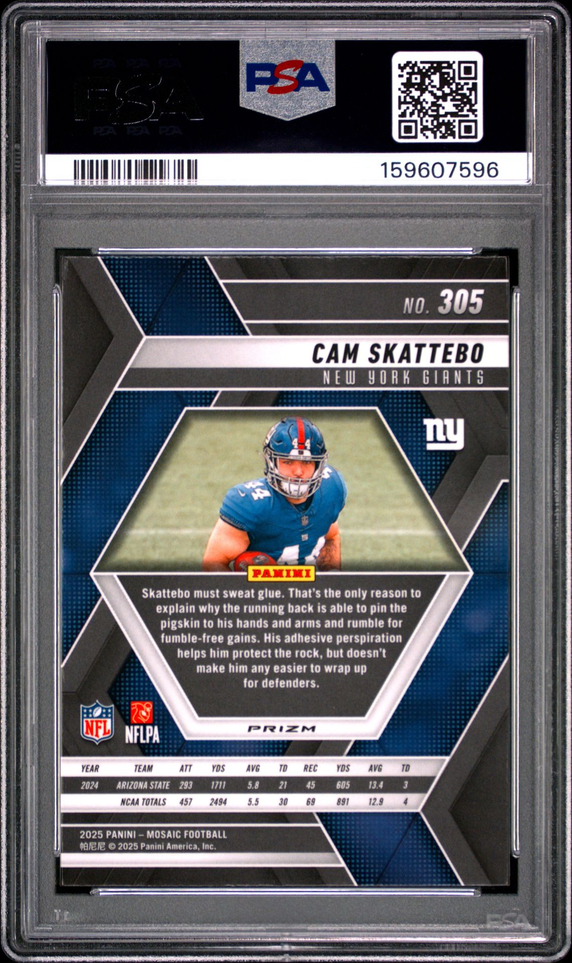 2025 Panini Mosaic Cam Skattebo #305 (Red & White Stripe) Gem Mt 10 back view - PSA certificate #159607596