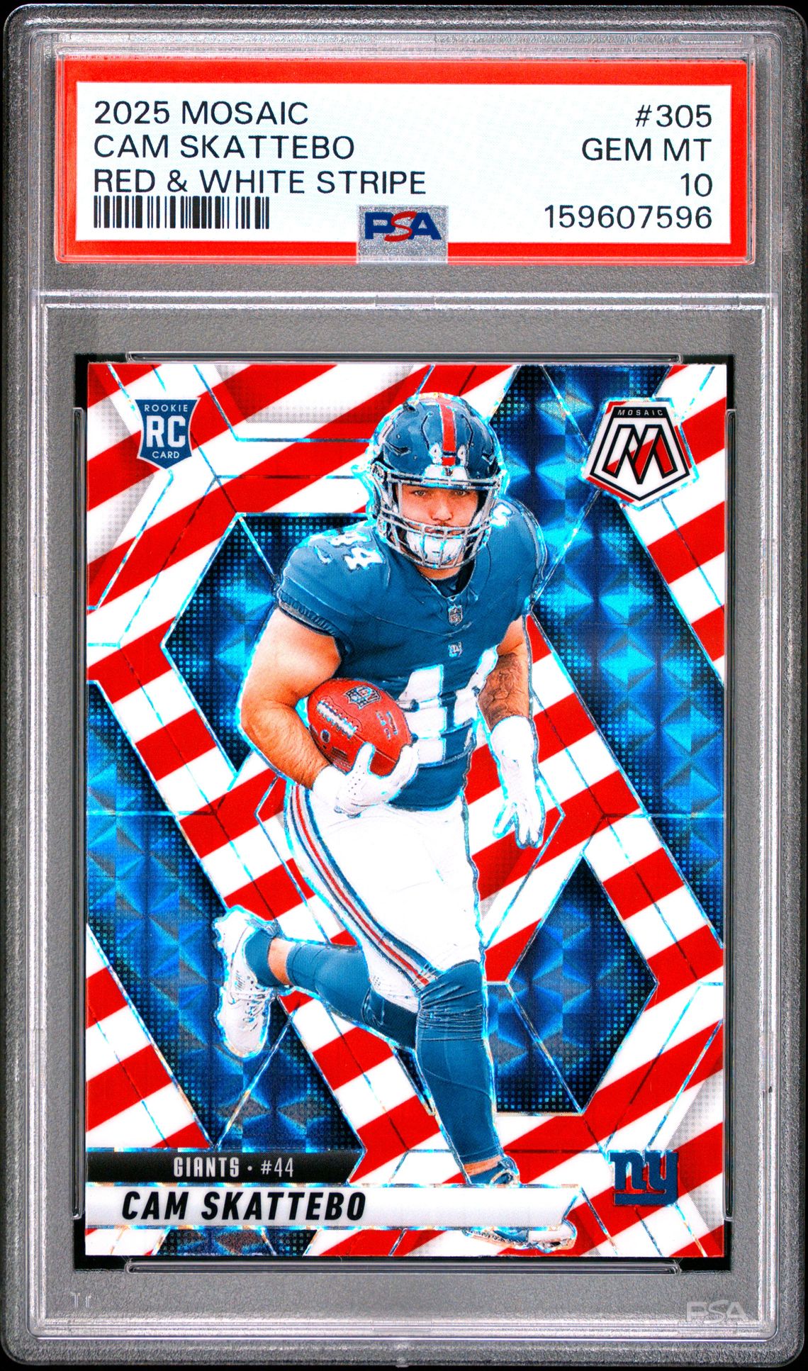 2025 Panini Mosaic Cam Skattebo #305 (Red & White Stripe) Gem Mt 10 front view - PSA graded GEM MT 10