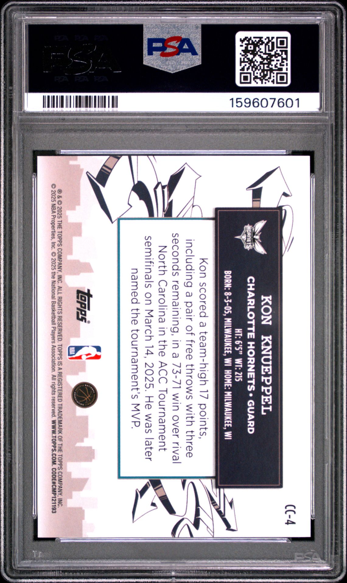2025 Topps Clutch City Prospects Kon Knueppel #Cc-4 Gem Mt 10 back