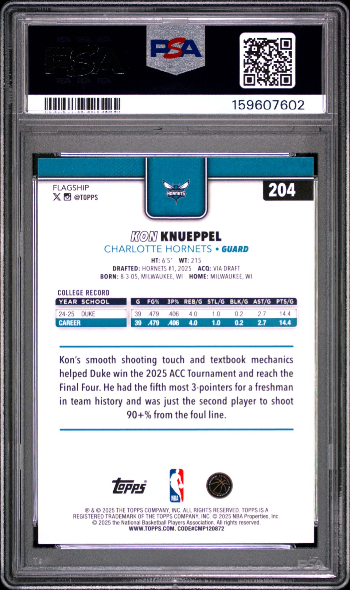 2025 Topps Kon Knueppel #204 Gem Mt 10 back