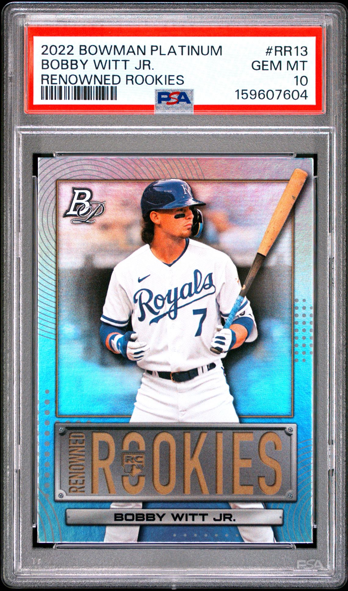 2022 BOWMAN PLATINUM RENOWNED ROOKIES BOBBY WITT JR. RENOWNED ROOKIES RR13 GEM MT 10 front