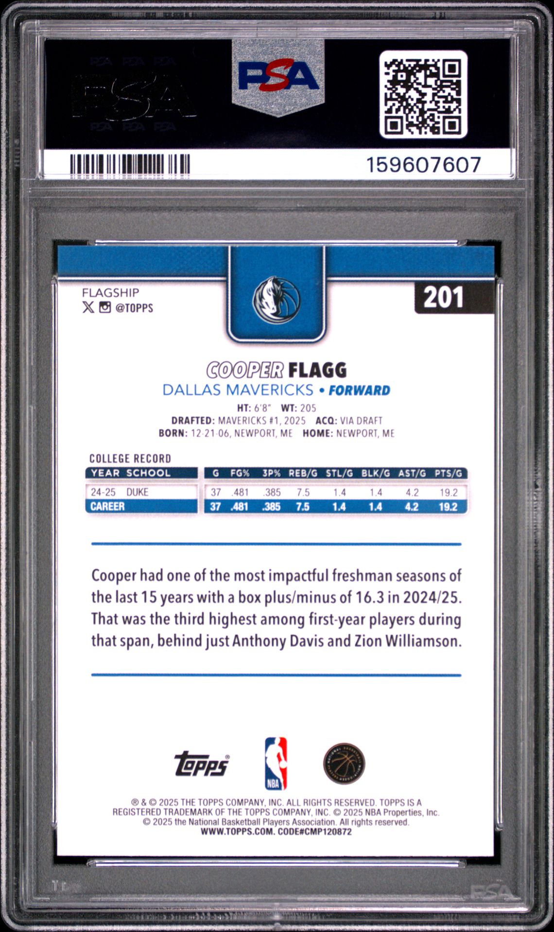 2025 TOPPS COOPER FLAGG  201 GEM MT 10 back