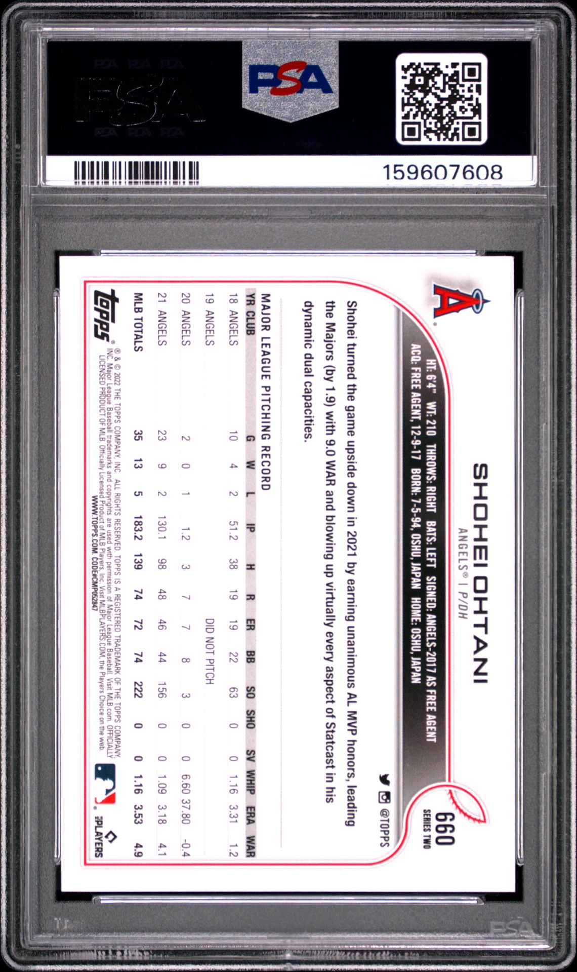 2022 Topps Complete Set Shohei Ohtani #660 (Gold Star) Mint 9 back