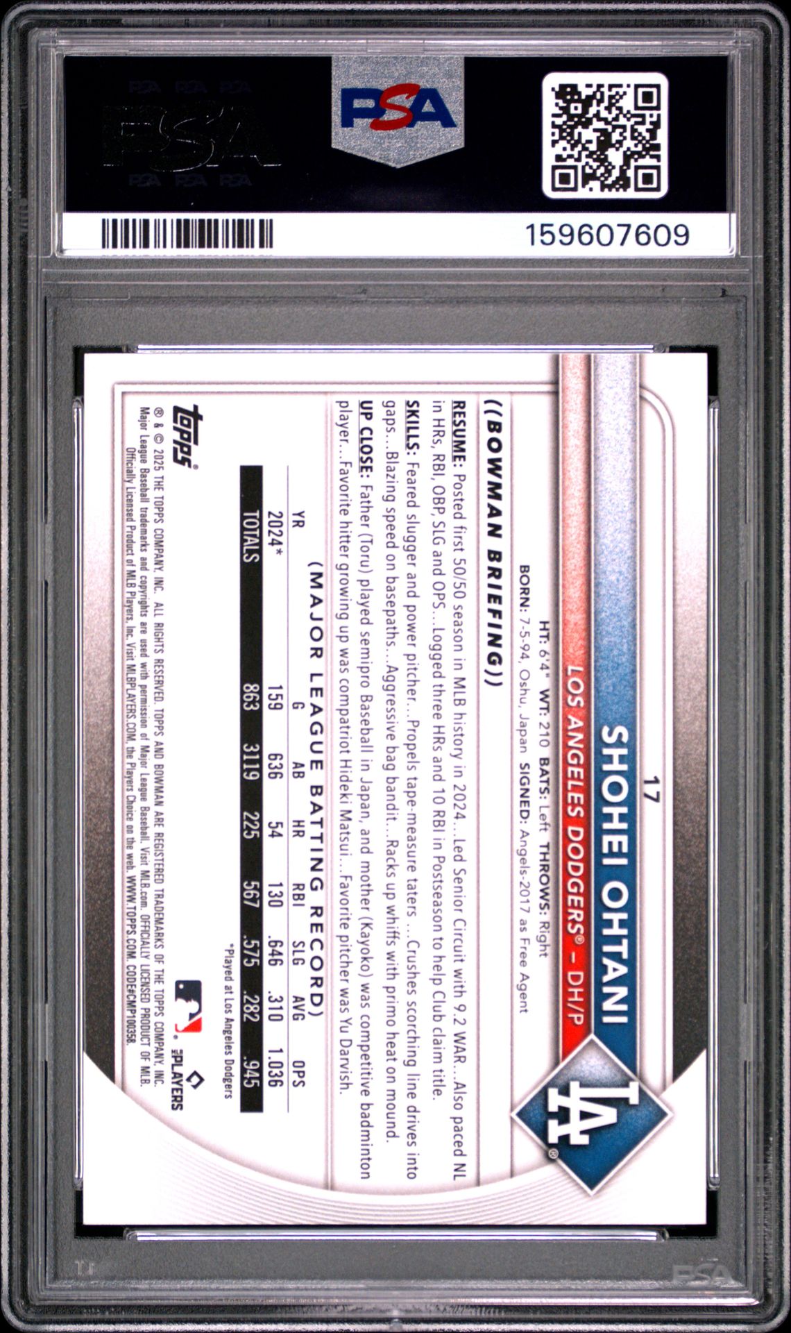 2025 Bowman Shohei Ohtani #17 Gem Mt 10 back view - PSA certificate #159607609
