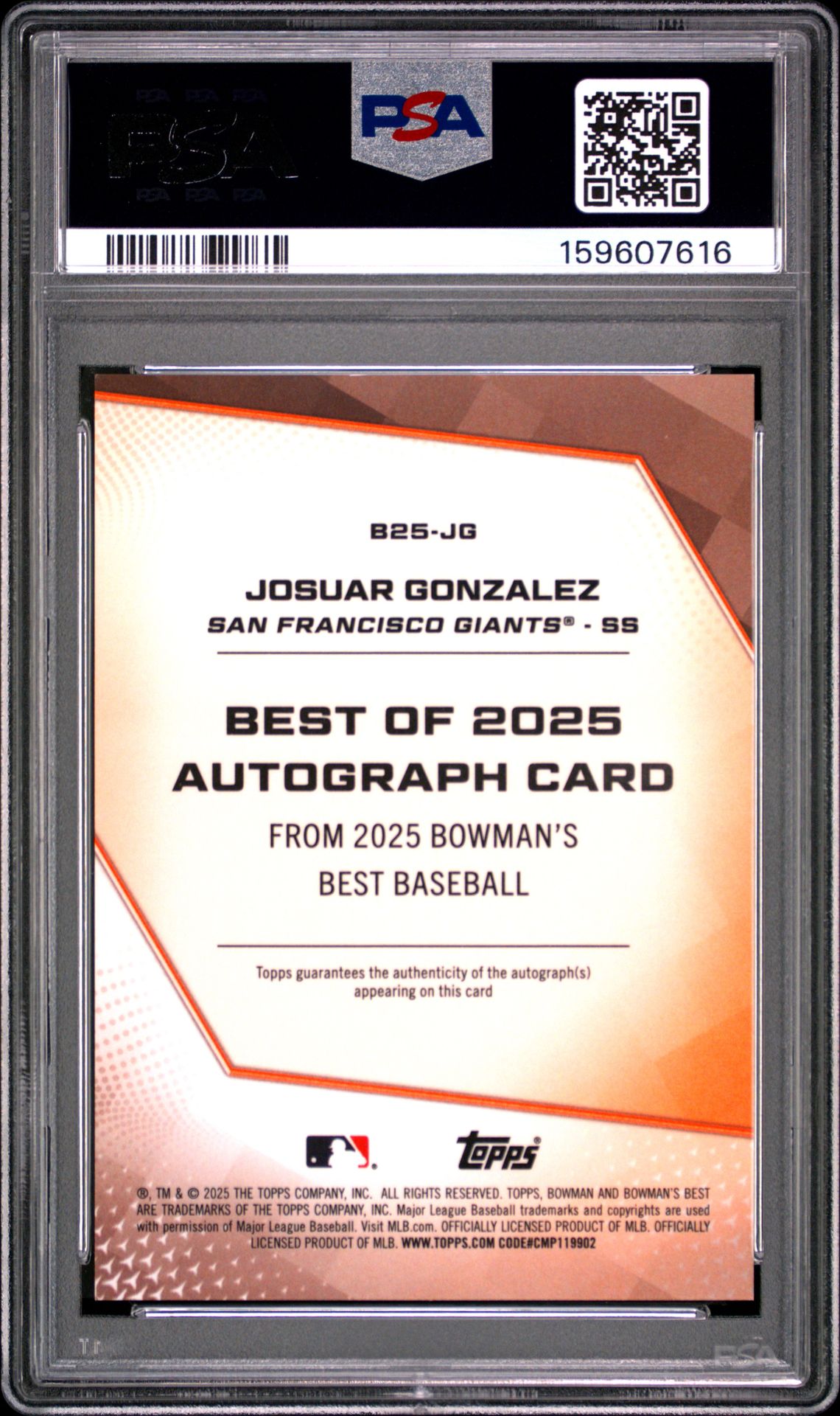 2025 Bowman's Best Best Of 2025 Autographs Josuar Gonzalez #B25-Jg Mint 9 back