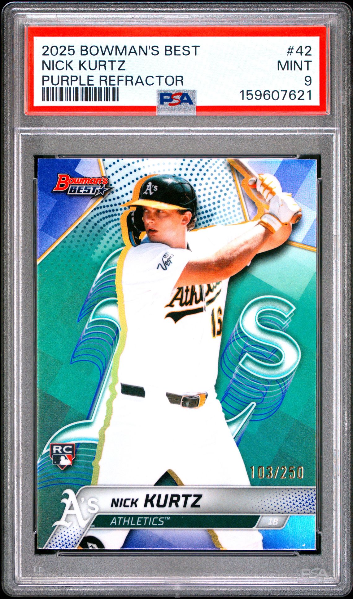 2025 Bowman's Best Nick Kurtz #42 (Purple Refractor) Mint 9 front