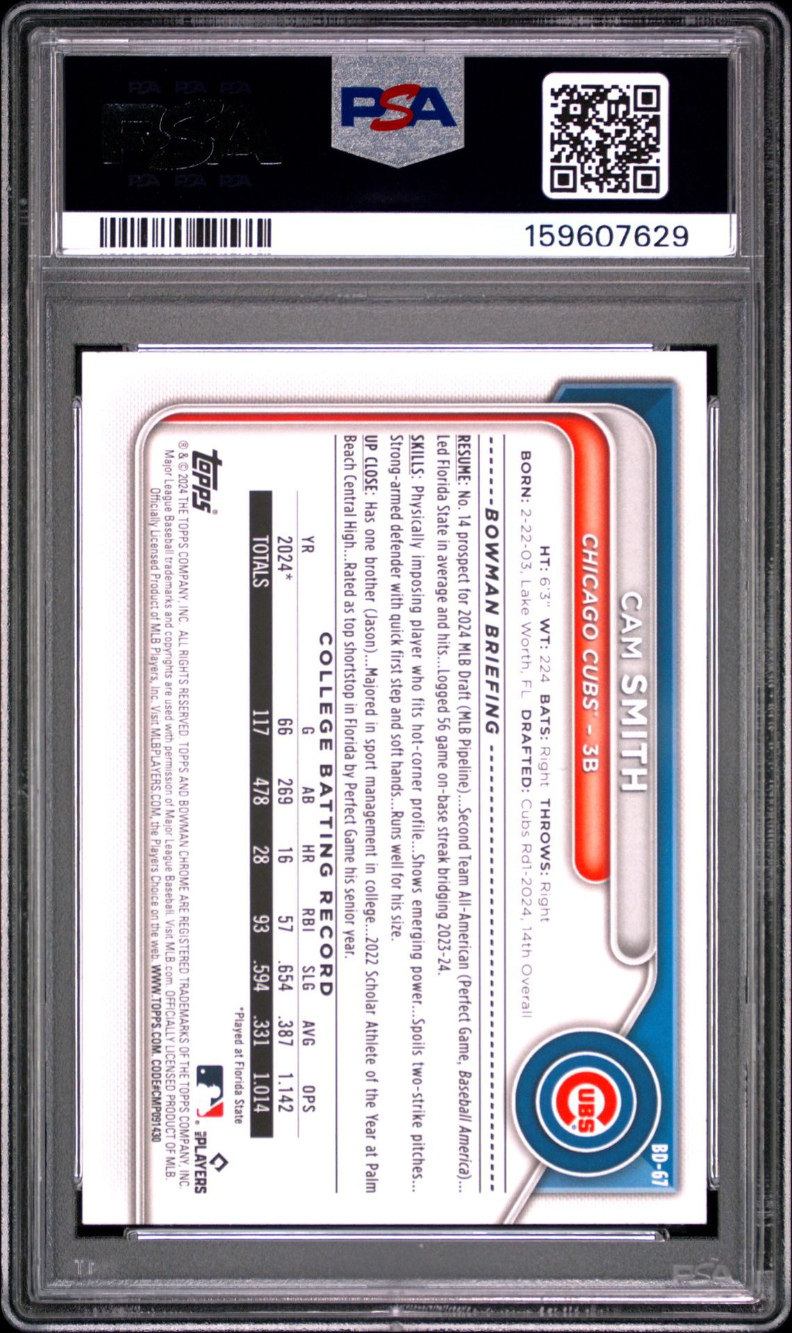 2024 Bowman Draft Cam Smith #Bd67 Gem Mt 10 back view - PSA certificate #159607629