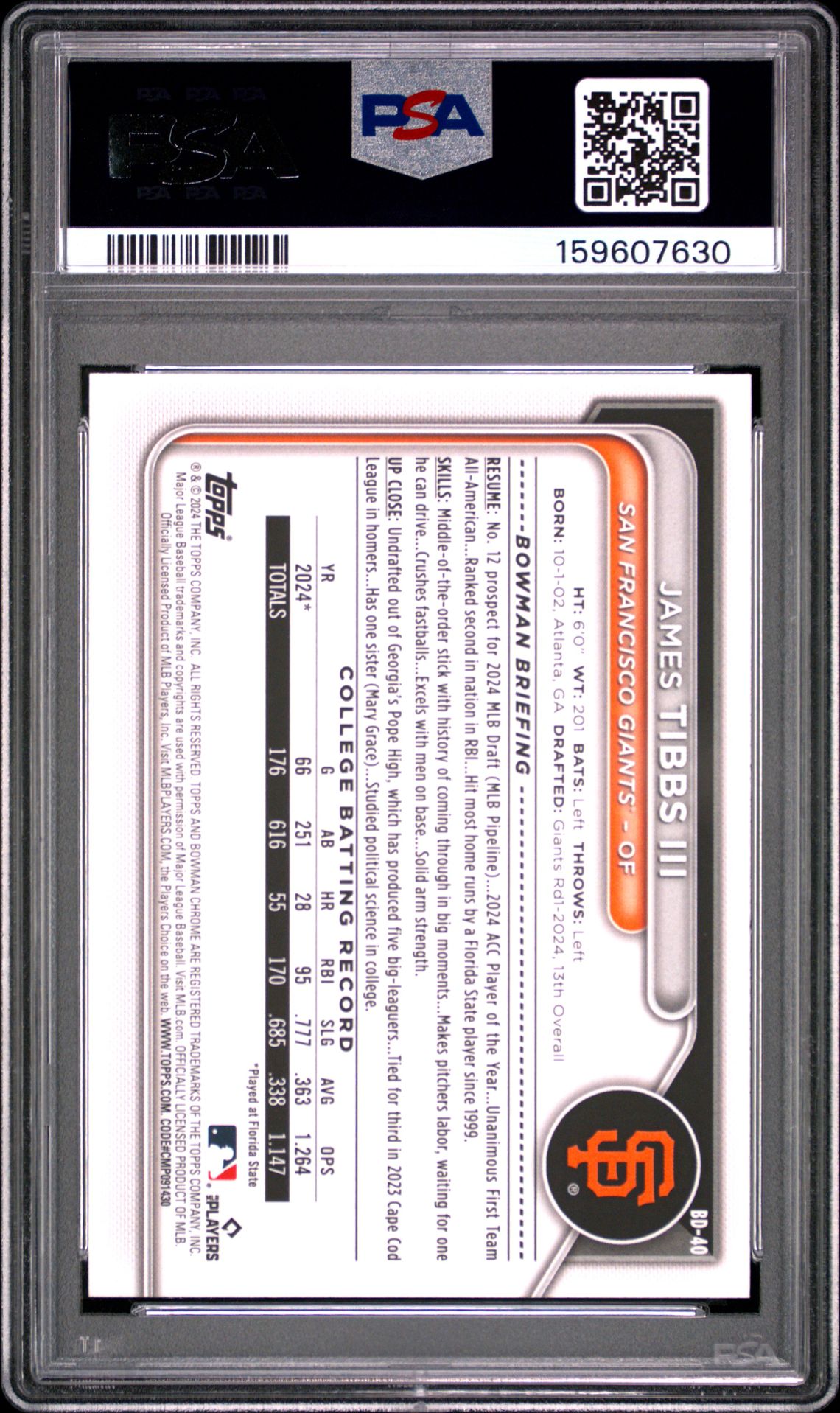 2024 Bowman Draft James Tibbs Iii #Bd40 Gem Mt 10 back view - PSA certificate #159607630