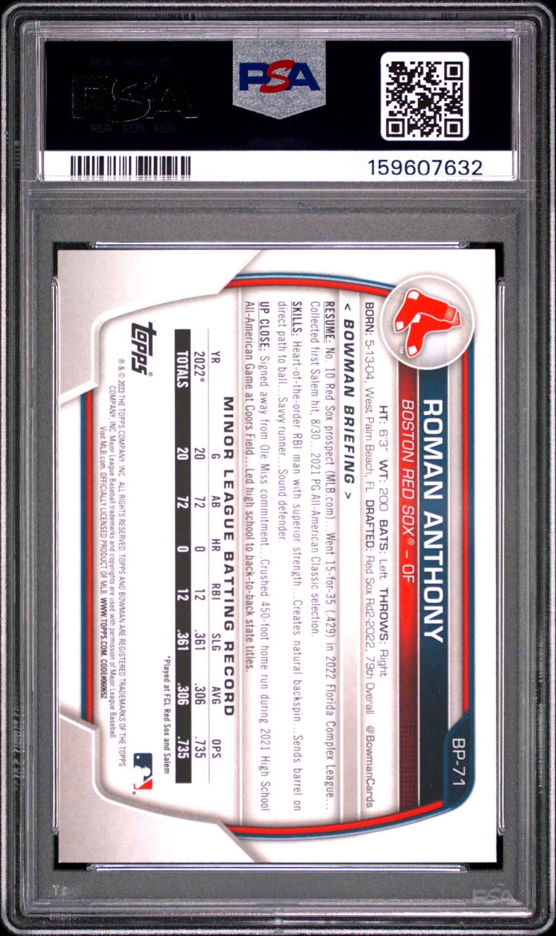 2023 BOWMAN PAPER PROSPECTS ROMAN ANTHONY PAPER PROSPECTS BP71 GEM MT 10 back