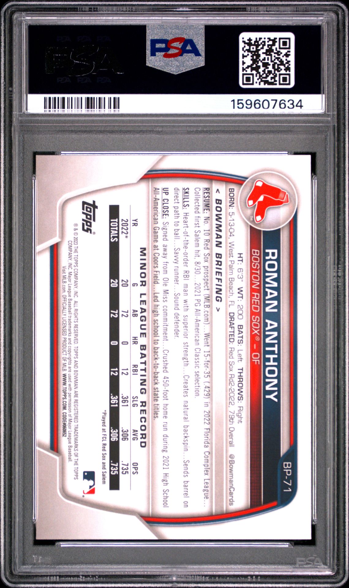2023 Bowman Paper Prospects Roman Anthony #Bp71 (Paper Prospects) Mint 9 back