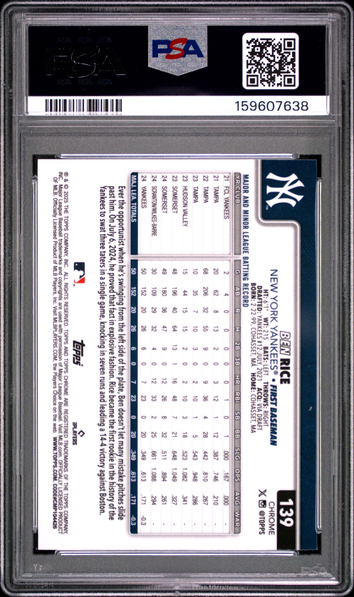 2025 Topps Chrome Ben Rice #139 (X-Fractor) Gem Mt 10 back