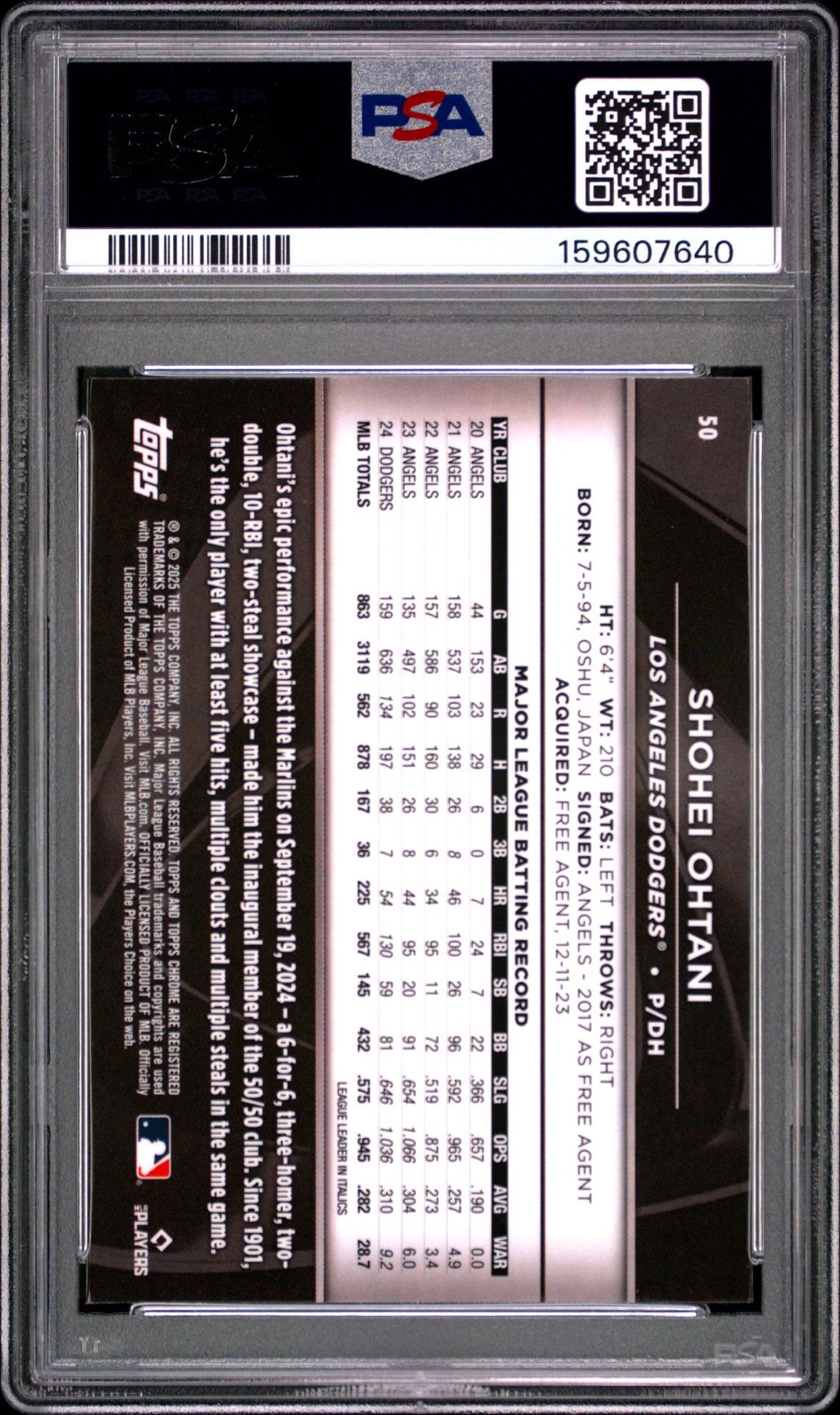 2025 Topps Chrome Black Shohei Ohtani #50 Mint 9 back