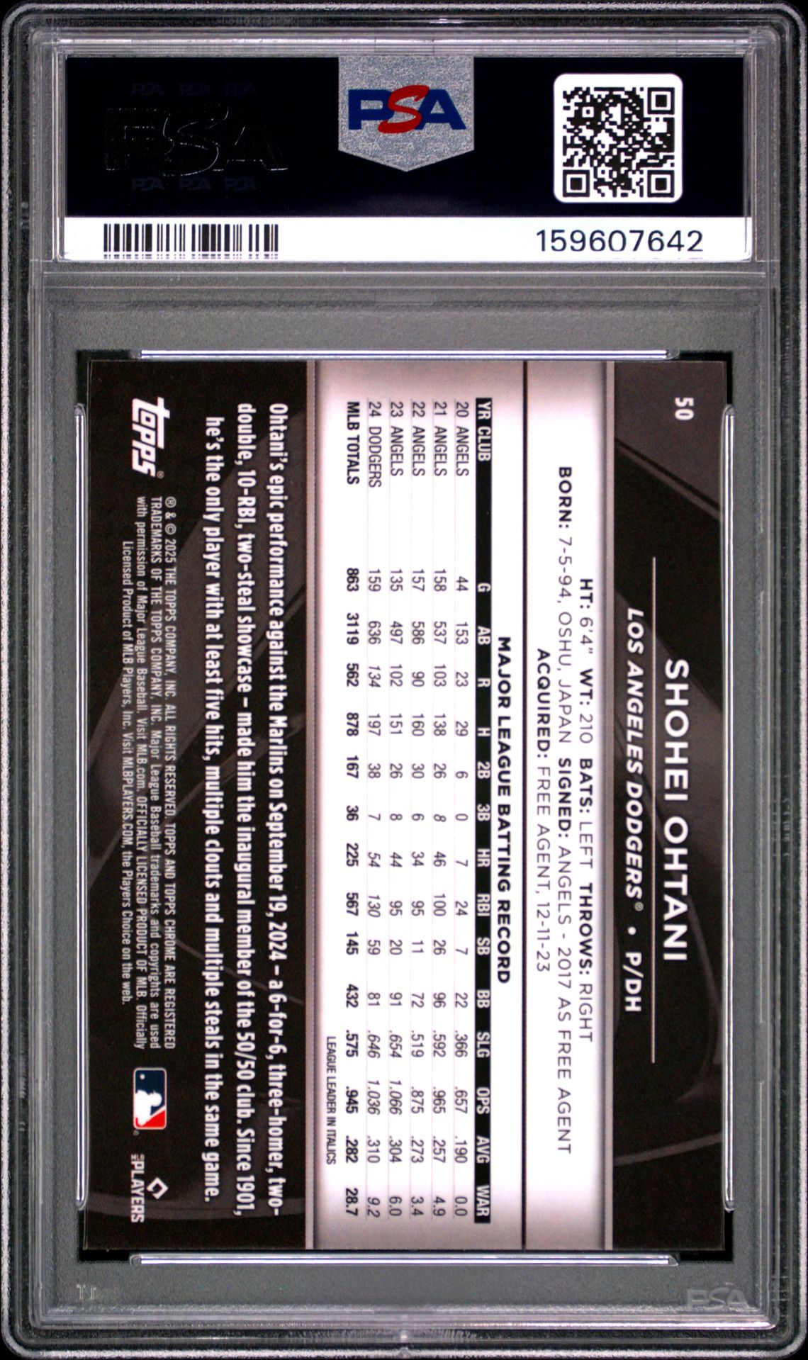 2025 Topps Chrome Black Shohei Ohtani #50 Gem Mt 10 back view - PSA certificate #159607642