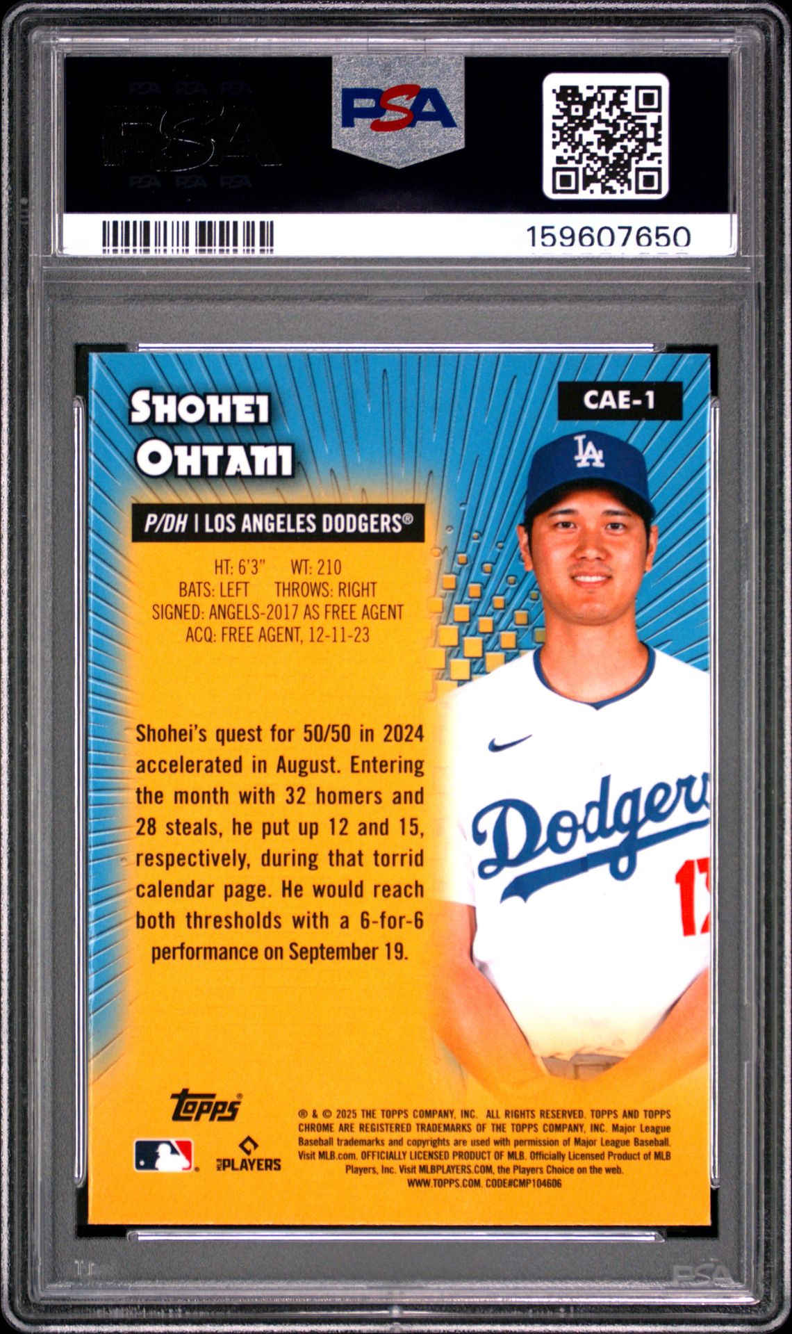 2025 Topps Chrome All Etch Shohei Ohtani #Cae1 Gem Mt 10 back view - PSA certificate #159607650