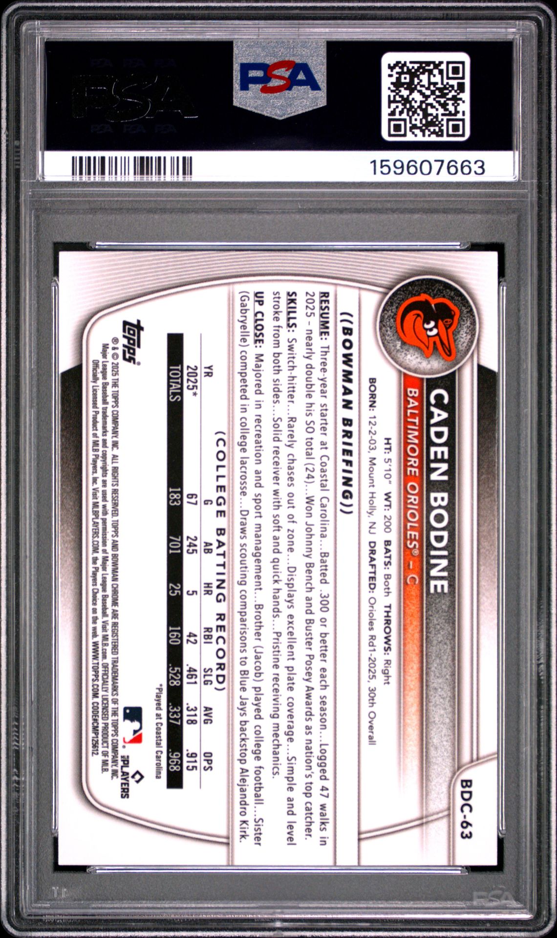 2025 Bowman Draft Caden Bodine #Bdc-63 (Chrome-Purple Refractor) Gem Mt 10 back view - PSA certificate #159607663