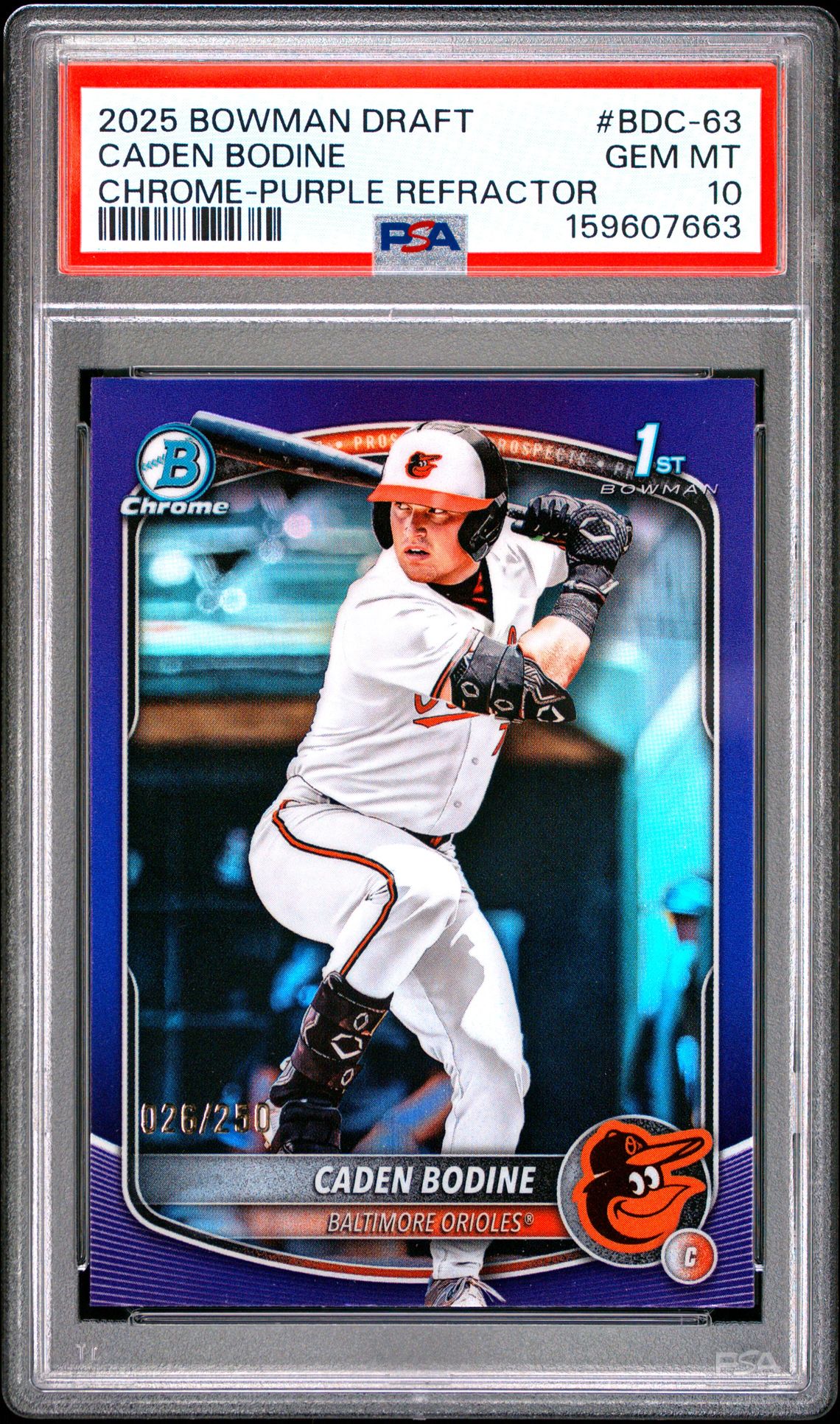 2025 Bowman Draft Caden Bodine #Bdc-63 (Chrome-Purple Refractor) Gem Mt 10 front view - PSA graded GEM MT 10