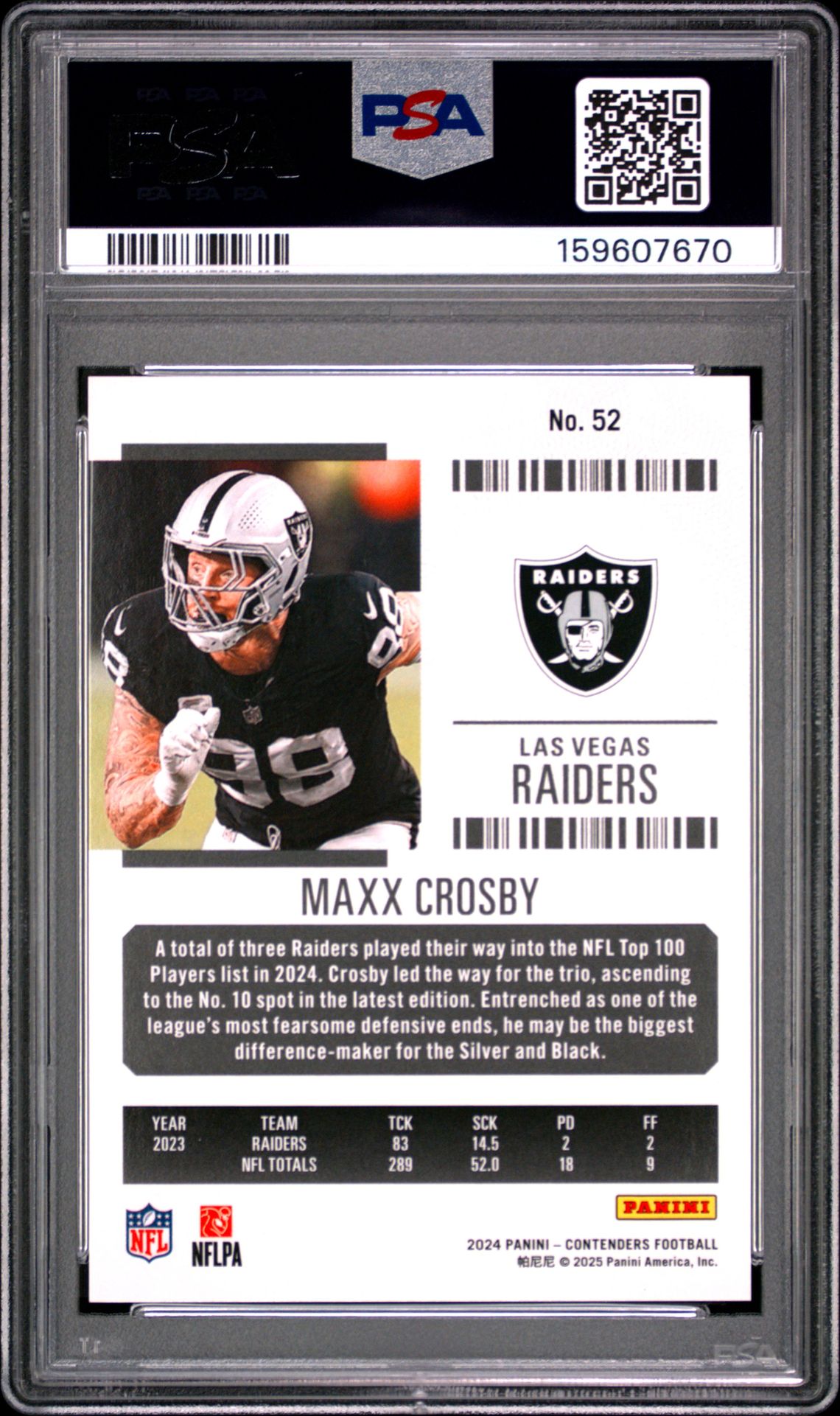 2024 Panini Contenders Maxx Crosby #52 (Red Zone Ticket Fotl) Gem Mt 10 back