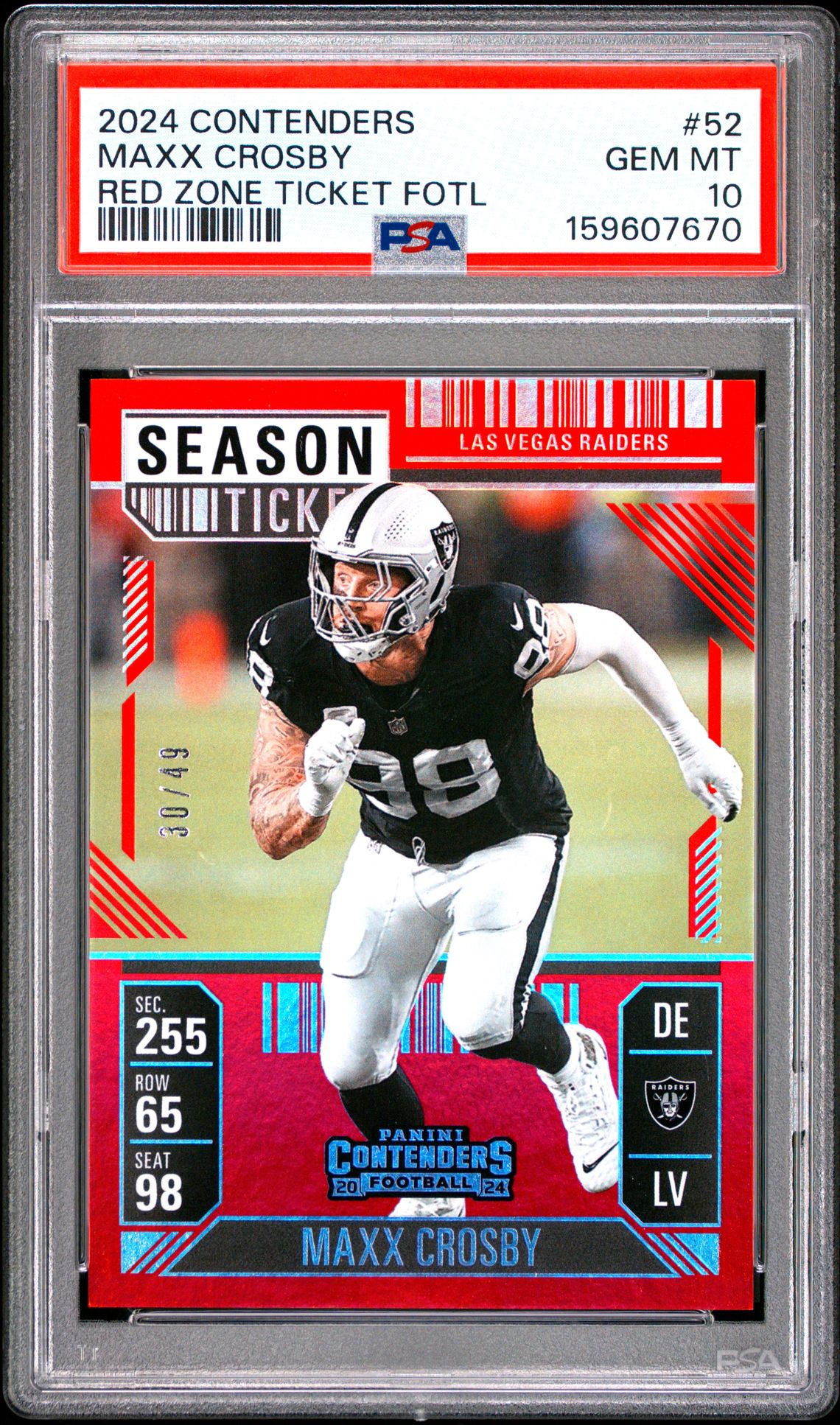 2024 Panini Contenders Maxx Crosby #52 (Red Zone Ticket Fotl) Gem Mt 10 front