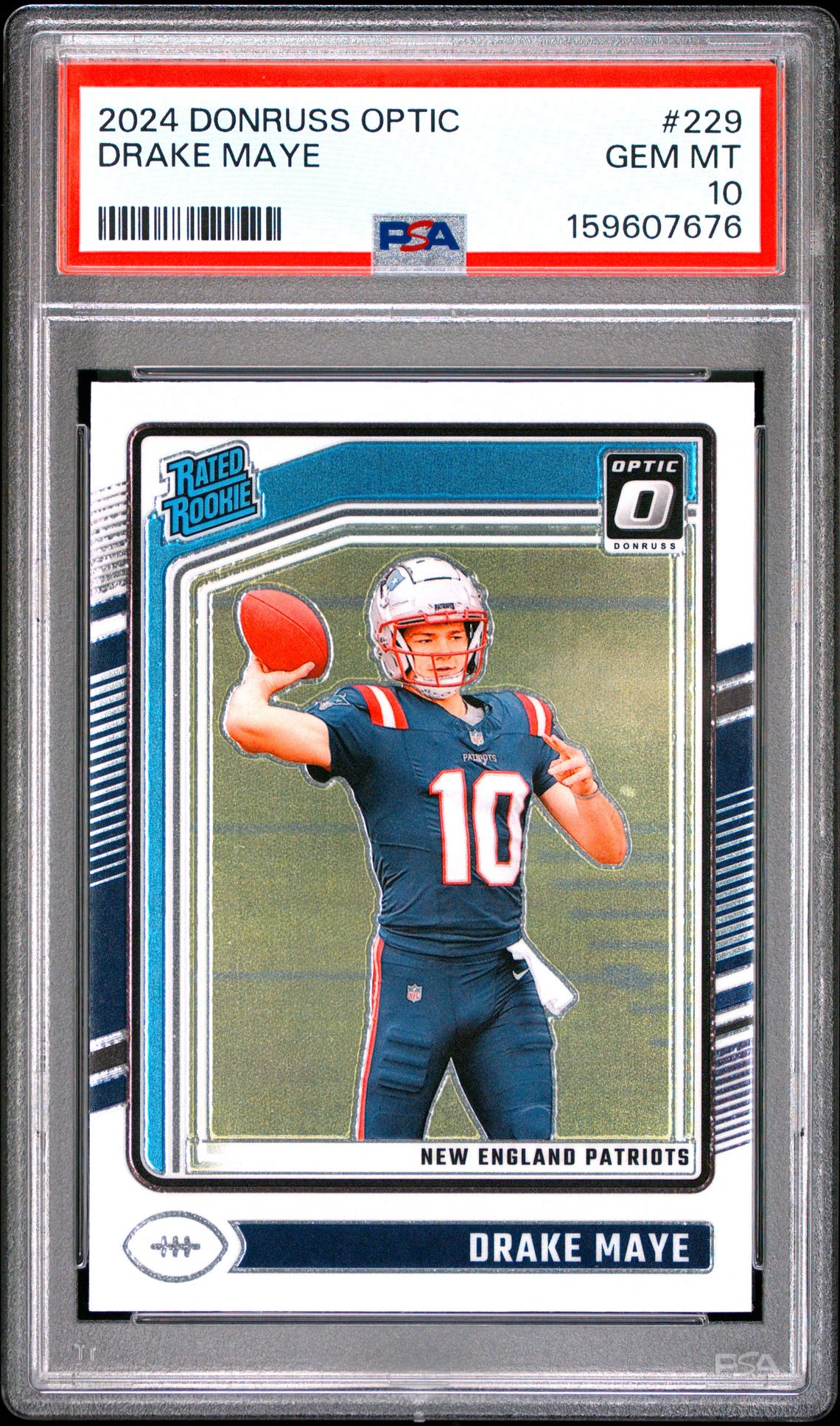 2024 Panini Donruss Optic Drake Maye #229 Gem Mt 10 front view - PSA graded GEM MT 10