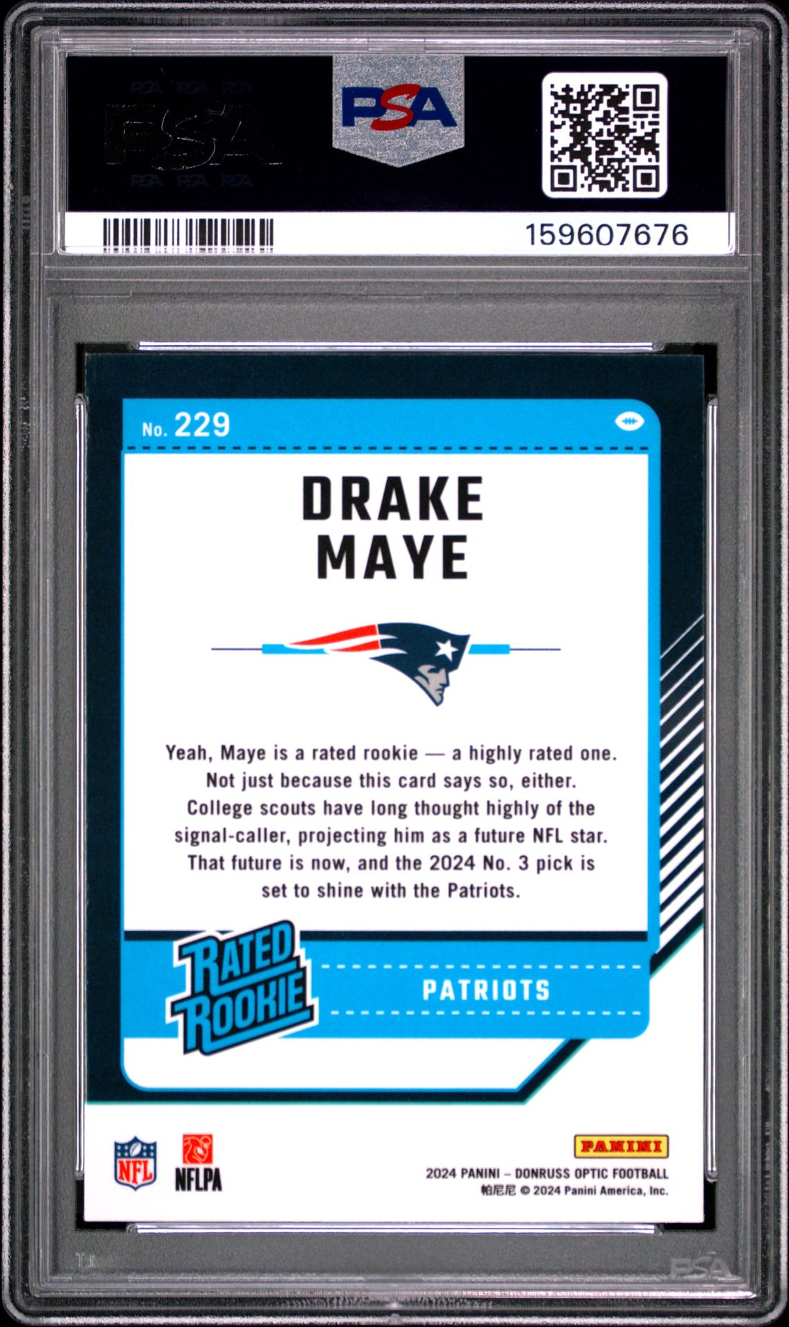 2024 Panini Donruss Optic Drake Maye #229 Gem Mt 10 back view - PSA certificate #159607676