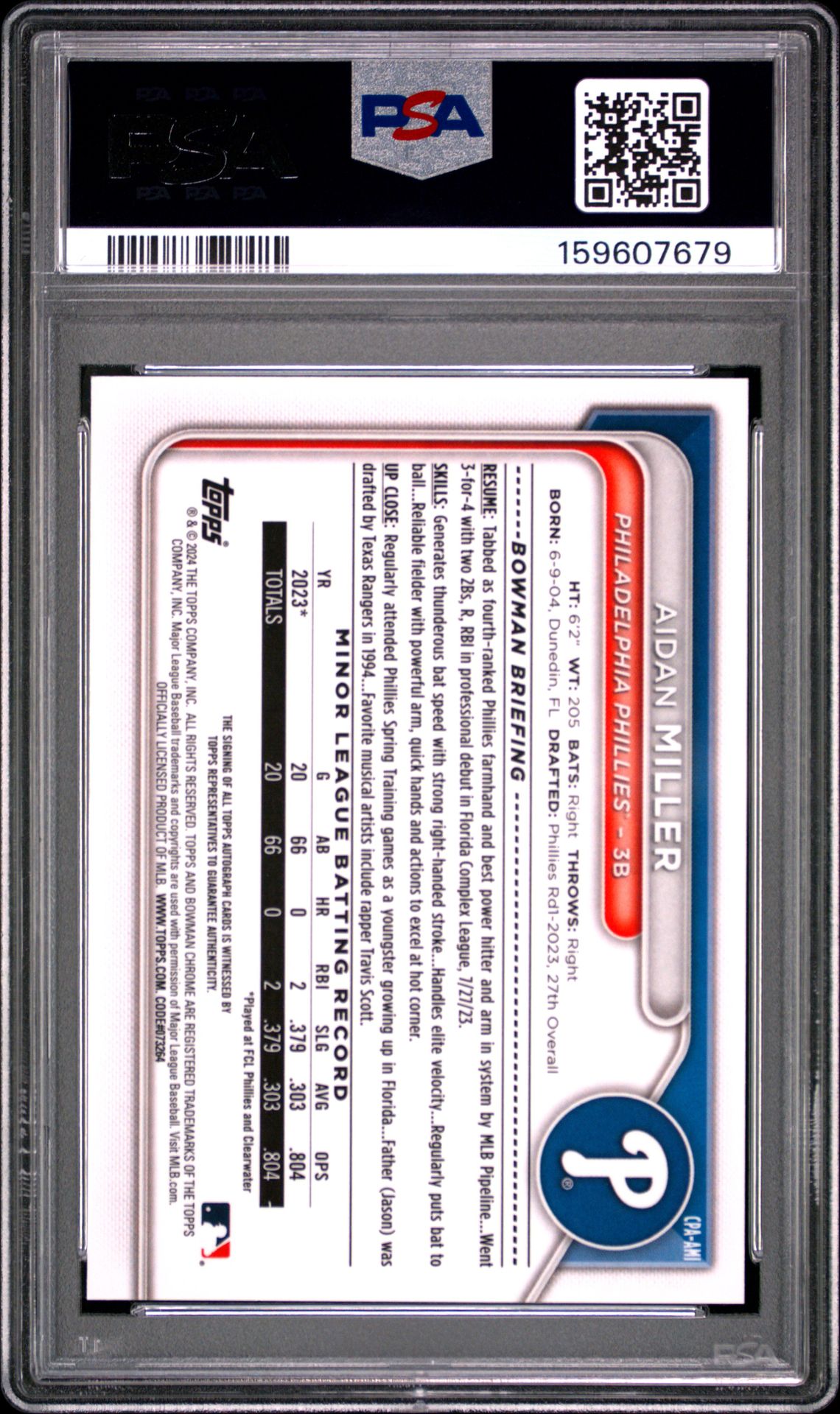 2024 Bowman Chrome Prospect Autographs Aidan Miller #Cpaami Gem Mt 10 back