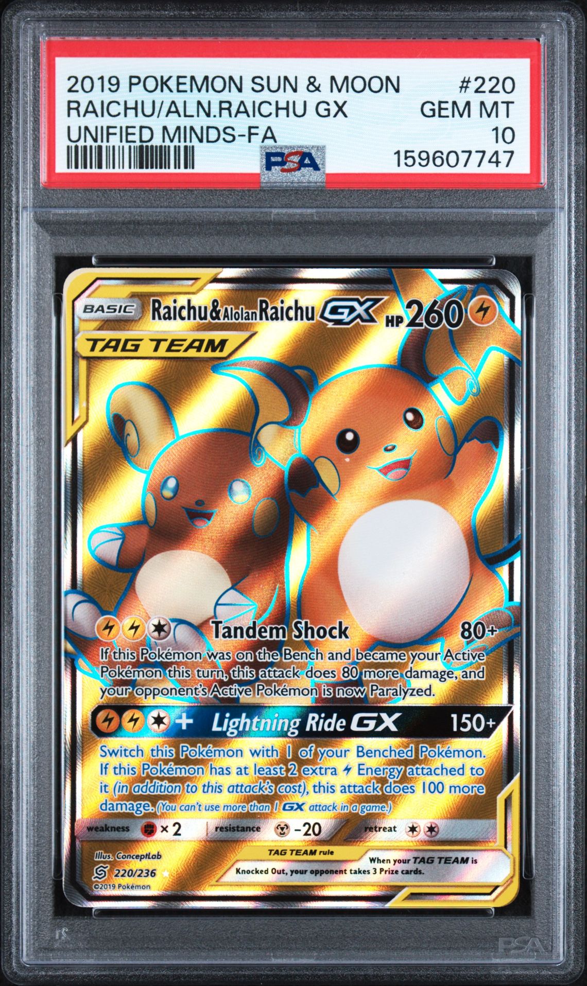 2019 POKEMON SUN & MOON UNIFIED MINDS RAICHU/ALN.RAICHU GX UNIFIED MINDS-FA 220 GEM MT 10 front