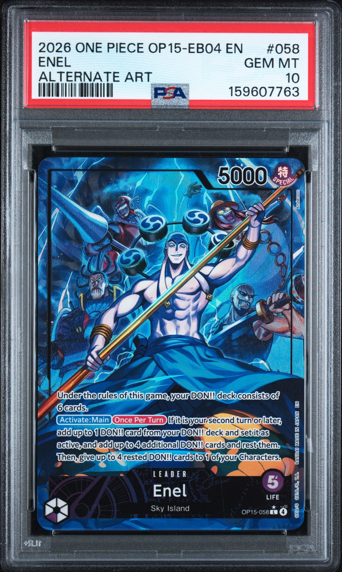 2026 One Piece Op15-Eb04-Adventure On Kami's Island Enel #058 (Alternate Art) Gem Mt 10 front view - PSA graded GEM MT 10