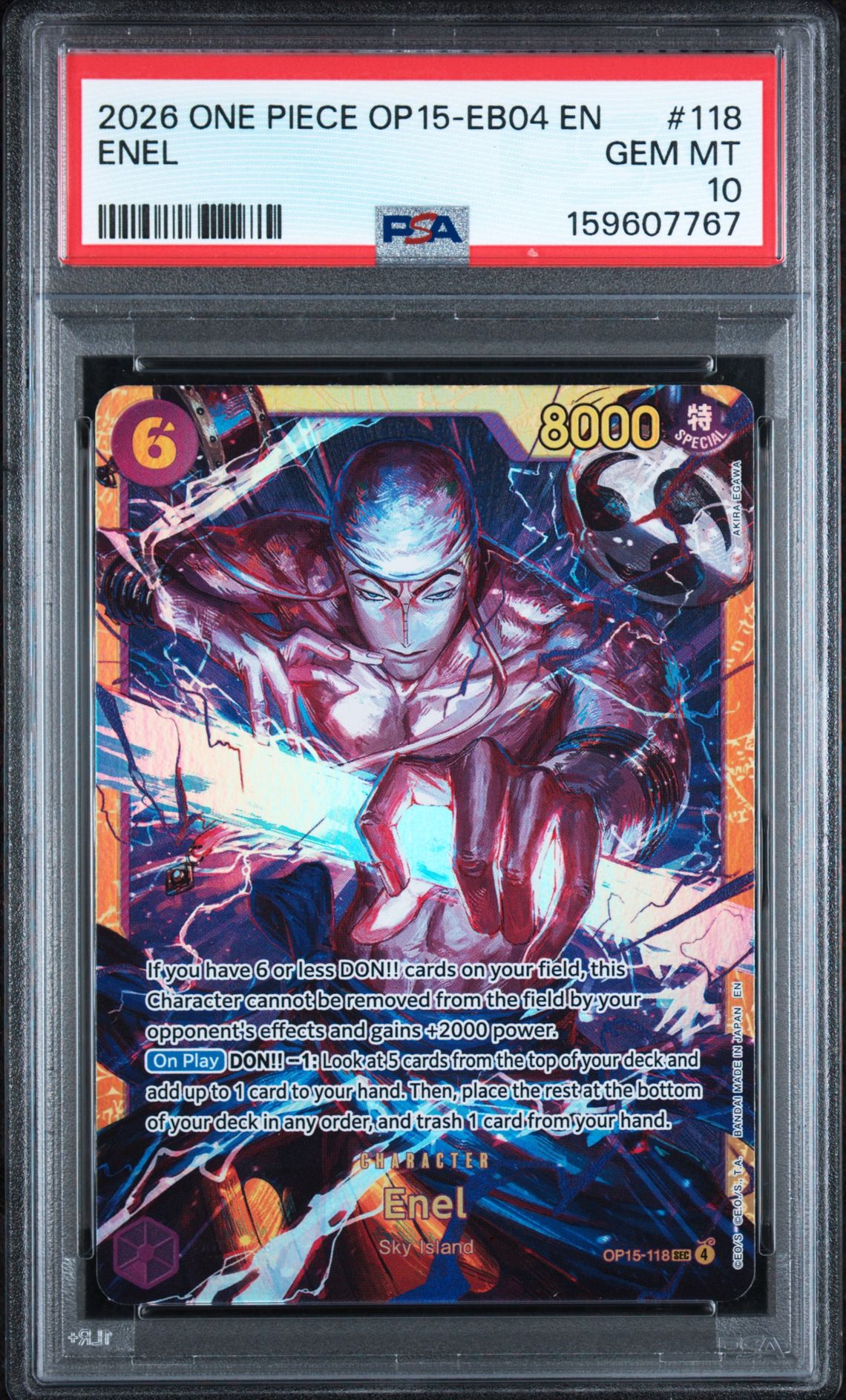 2026 One Piece Op15-Eb04-Adventure On Kami's Island Enel #118 Gem Mt 10 front view - PSA graded GEM MT 10